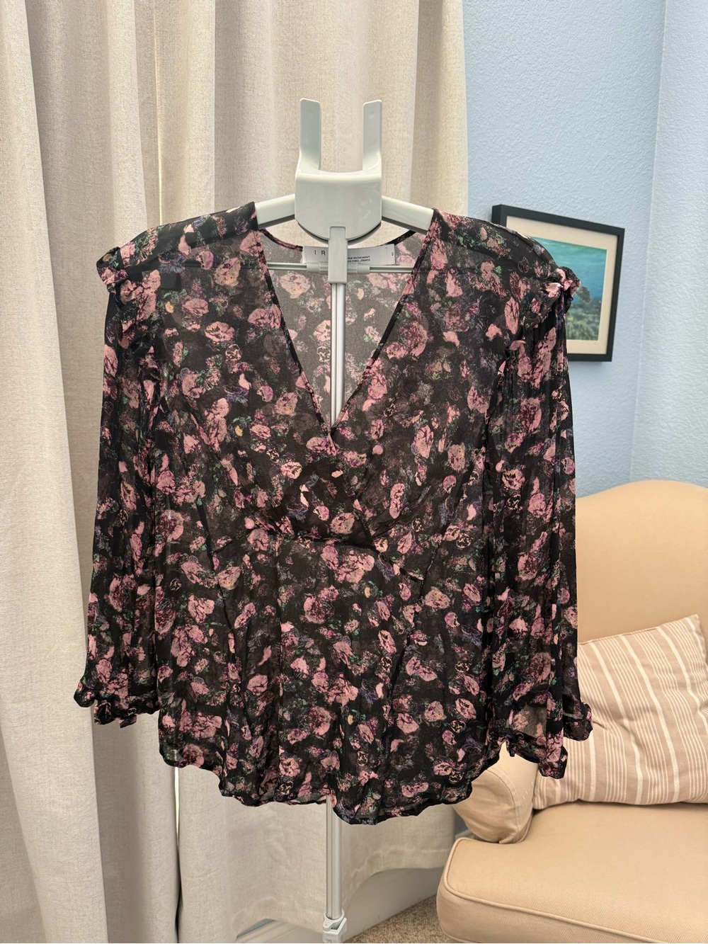 IRO Dolla Black Sheer Blouse with Pink Floral Print French Girl Luxury Sz 40 L